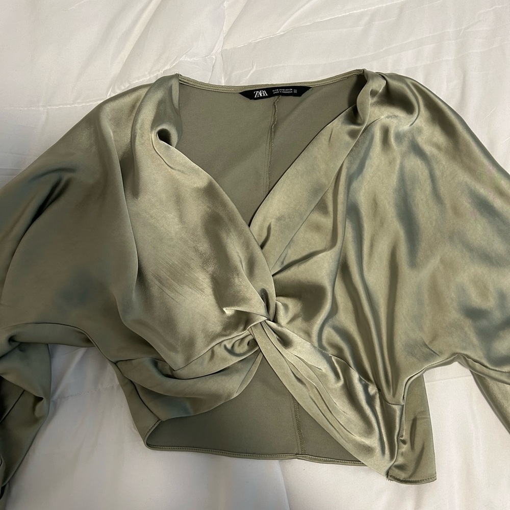 Zara Long Sleeve Semi- Cropped Silk Top Size Small